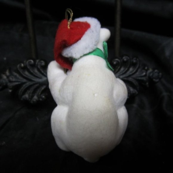 VINTAGE 50'S TO 60'S PLASTIC FLOCKED POLAR BEAR ORNAMENT W/ RED HAT & GREEN BOW - Picture 4 of 6